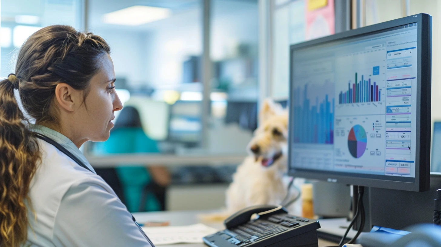 Veterinary receptionist managing multiple communication channels with client messaging software dashboard