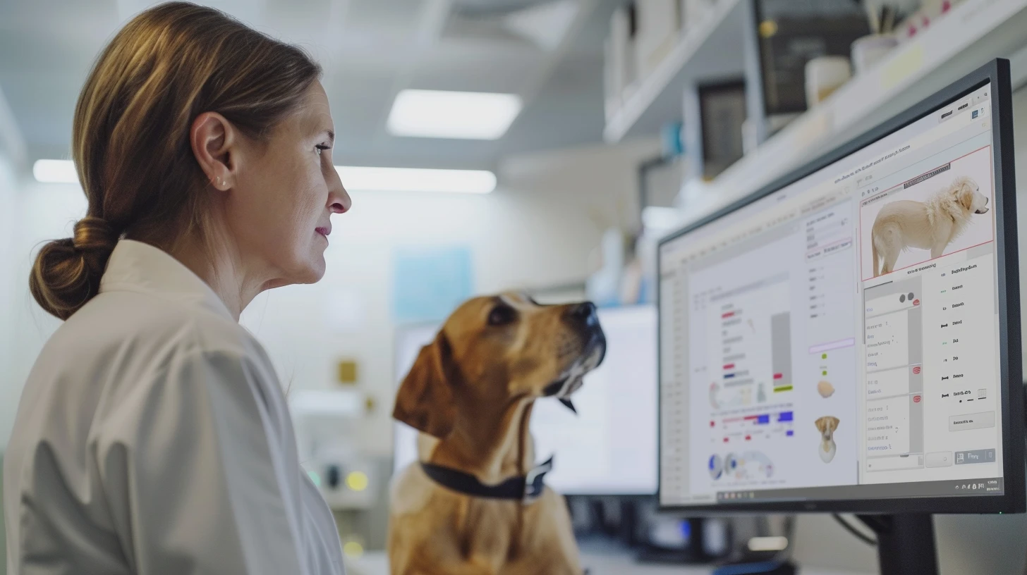 Veterinary team viewing shared client message dashboard showing organized conversation queue and assignments