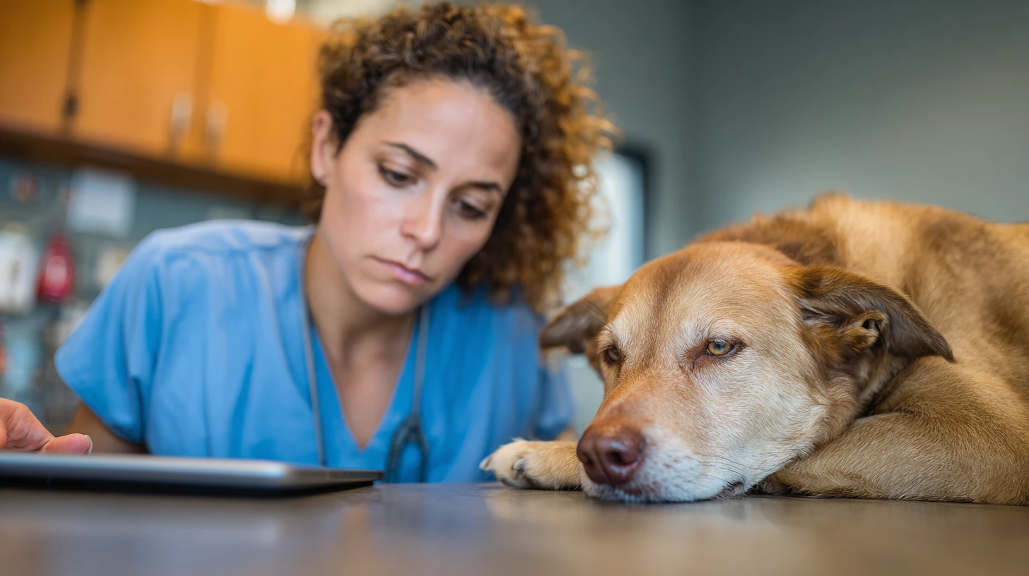 Veterinary nurse reviewing flagged medical questions in a triage queue instead of the front desk handling it