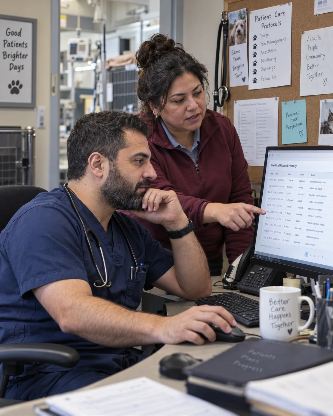 Practice manager and veterinarian reviewing a medical record audit trail in veterinary practice management software