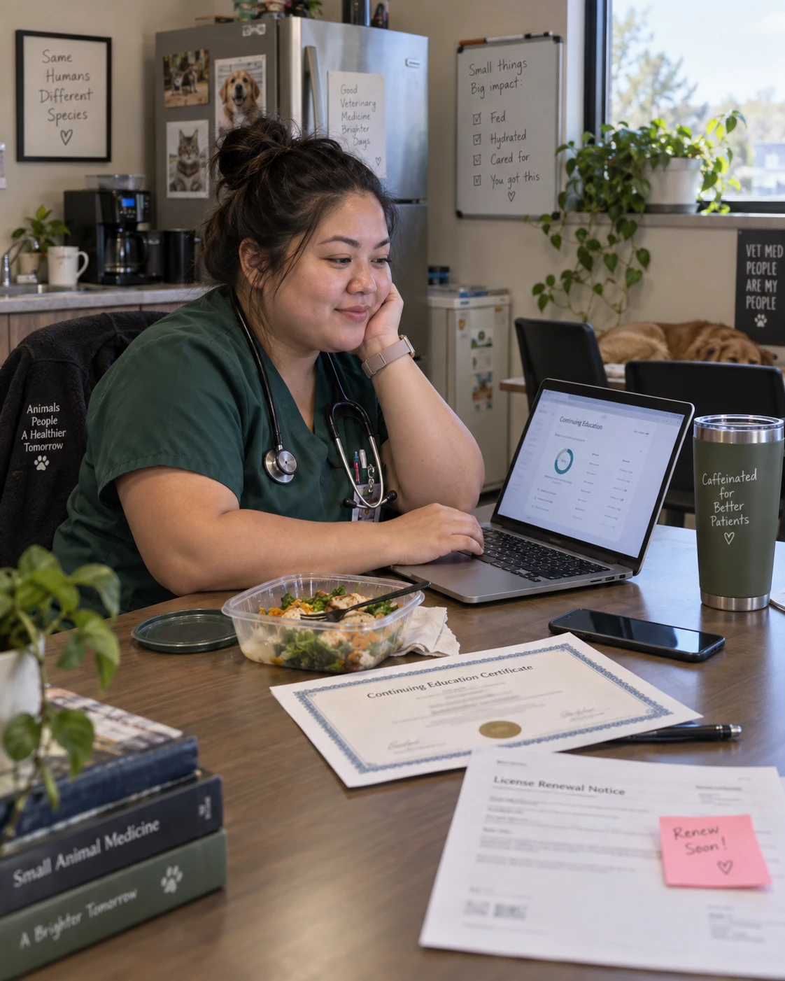 Veterinarian reviewing continuing education credits and license renewal deadlines on a laptop in a clinic break room