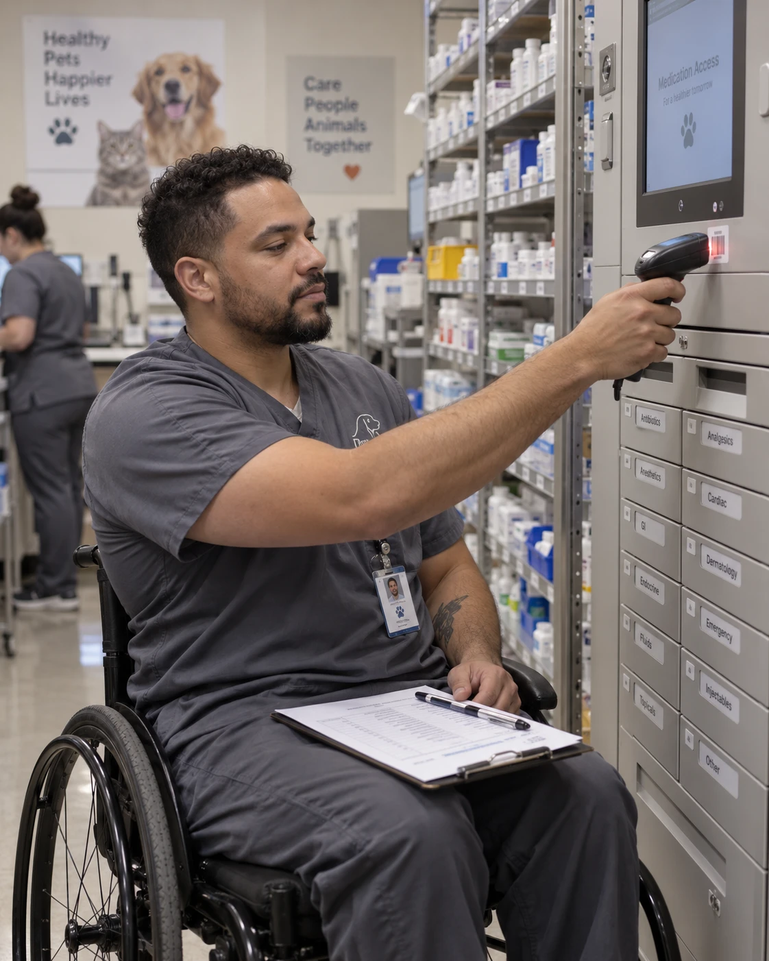 Veterinary assistant scanning a barcode on a controlled substance cabinet during a routine inventory reconciliation