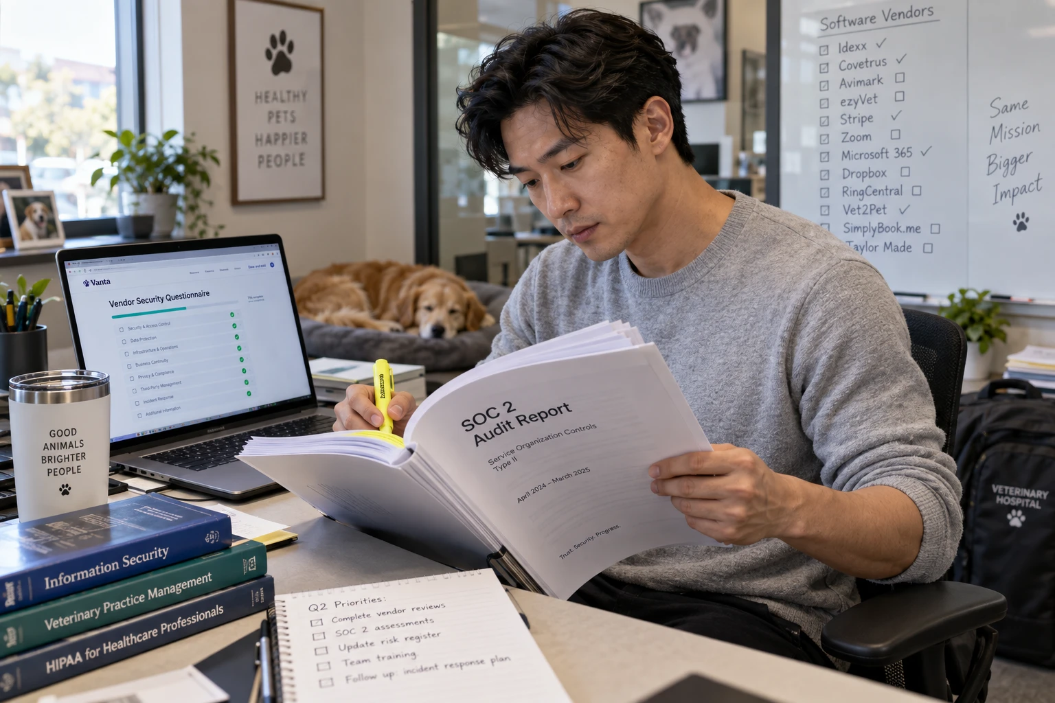 Compliance officer at a veterinary group reviewing a vendor SOC 2 report on a laptop and printed pages