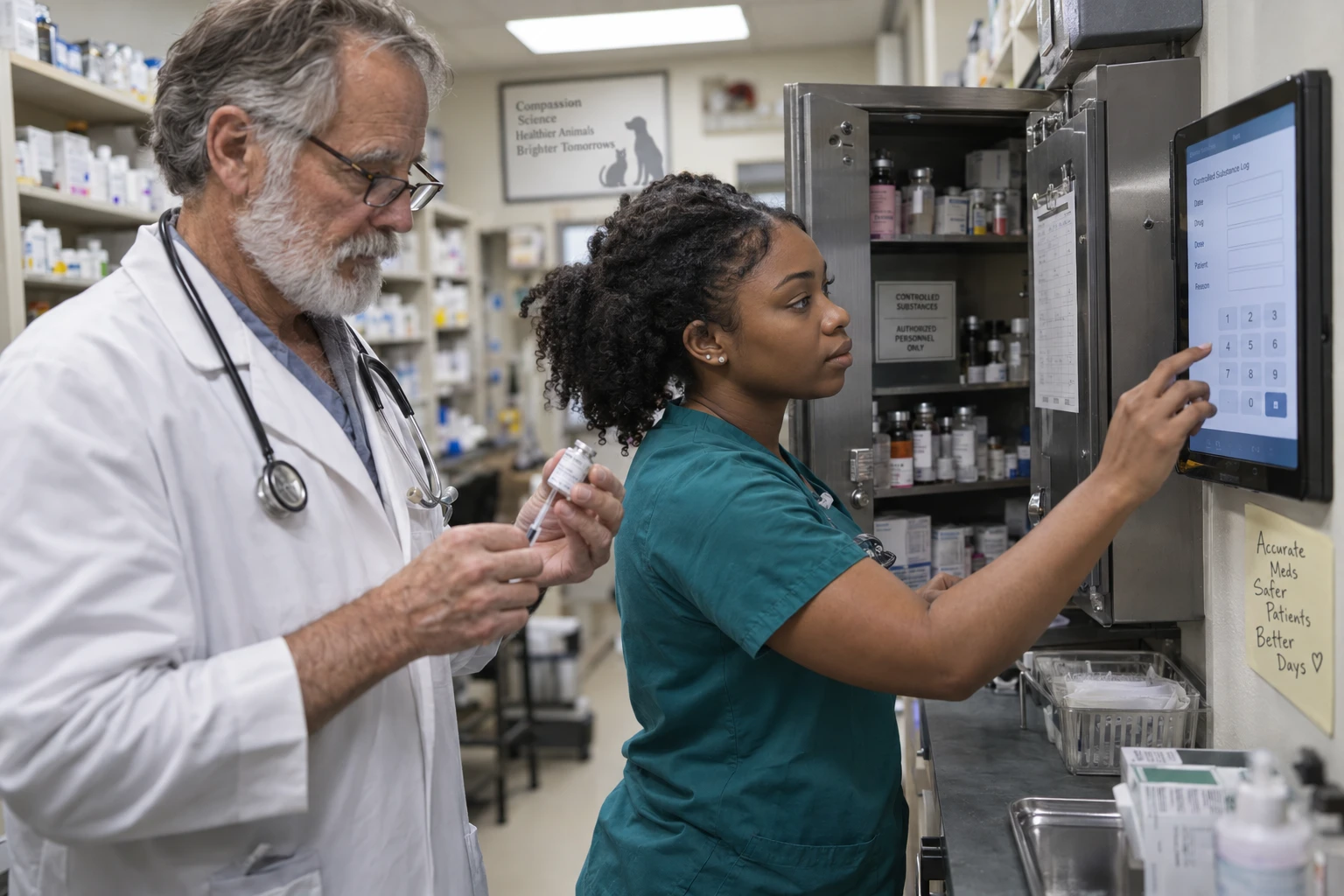 Veterinary technician logging a controlled substance draw on a tablet beside the drug safe while a veterinarian witnesses