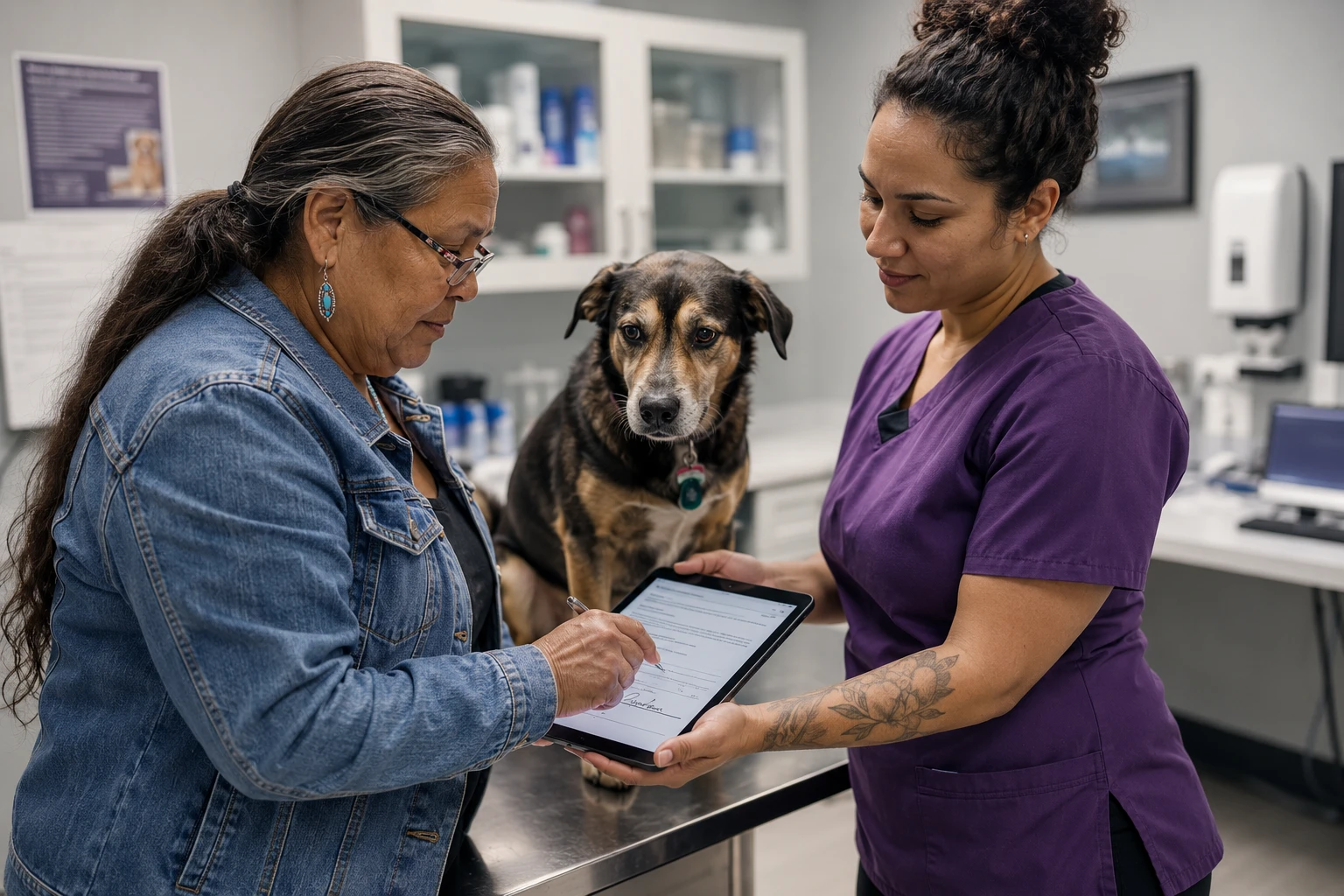 Pet owner signing digital consent forms for veterinary surgery on a tablet held by an assistant