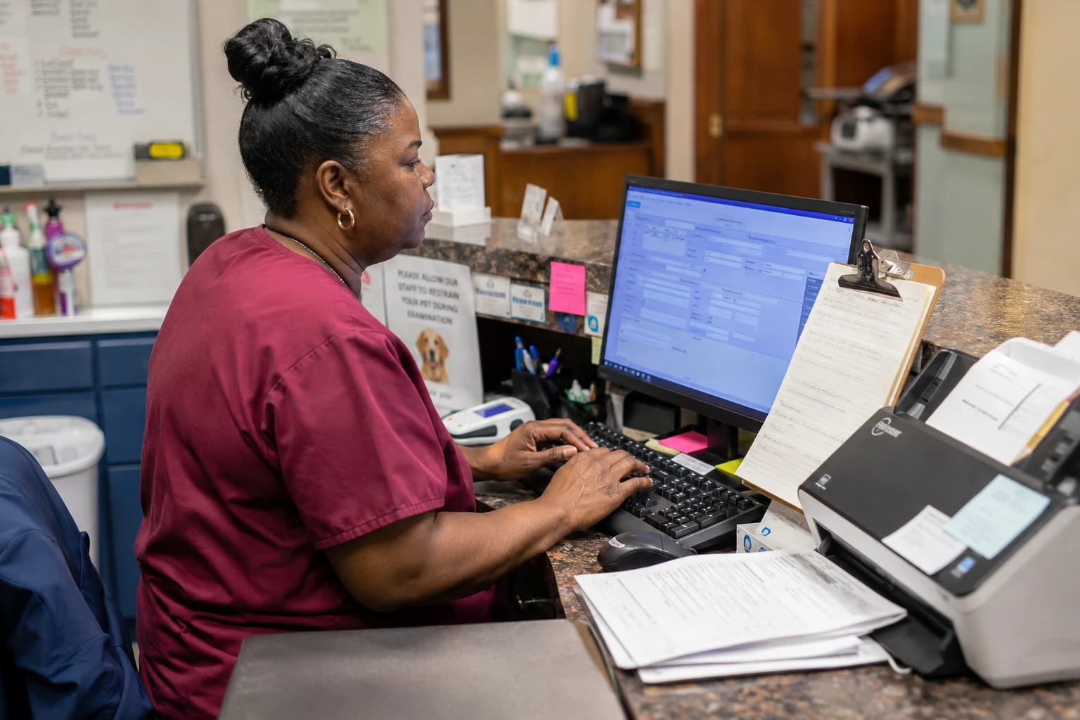 Veterinary receptionist retyping handwritten paper intake forms into practice software at the front desk