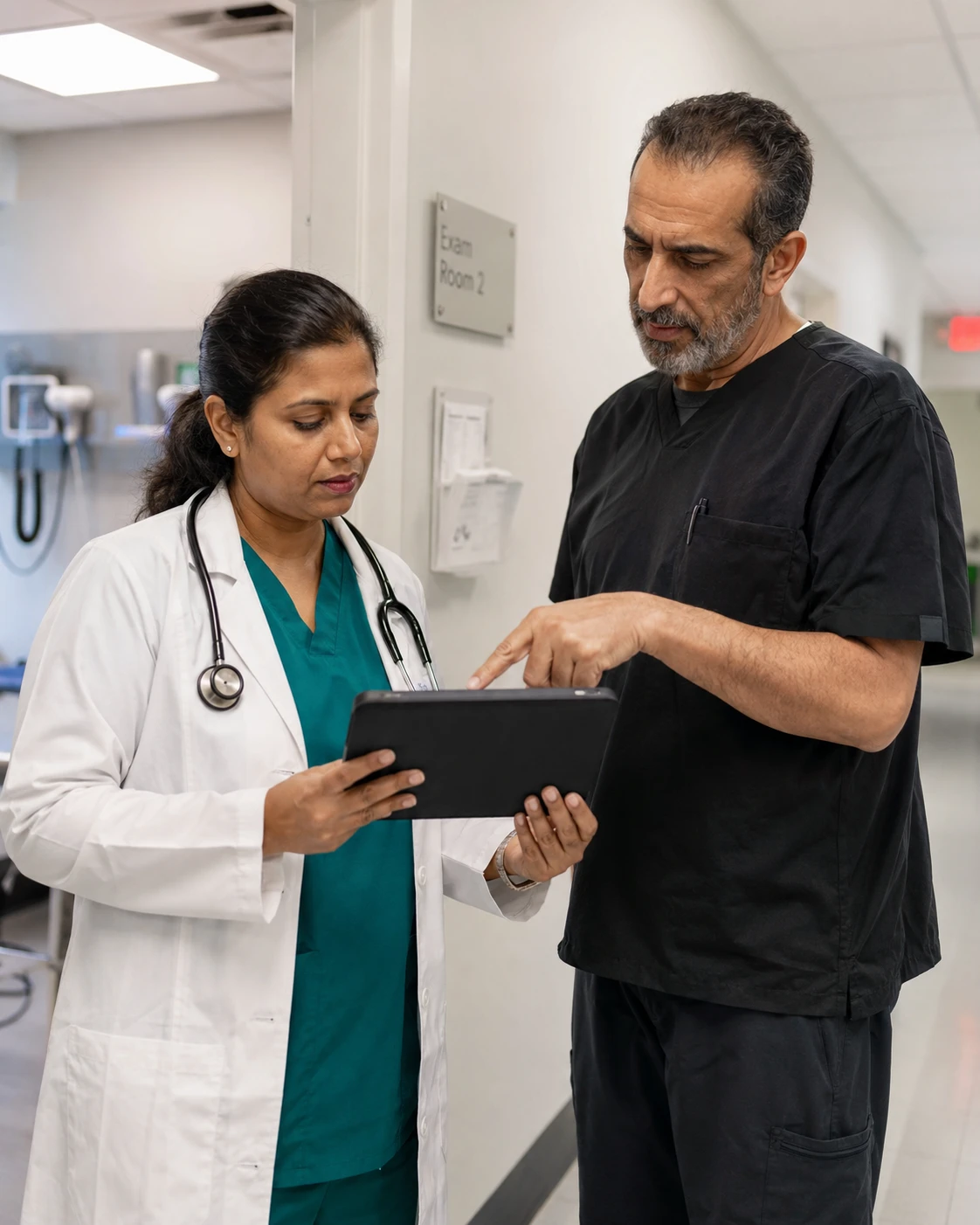 Veterinarian reviewing paperless intake veterinary history on a tablet before an exam