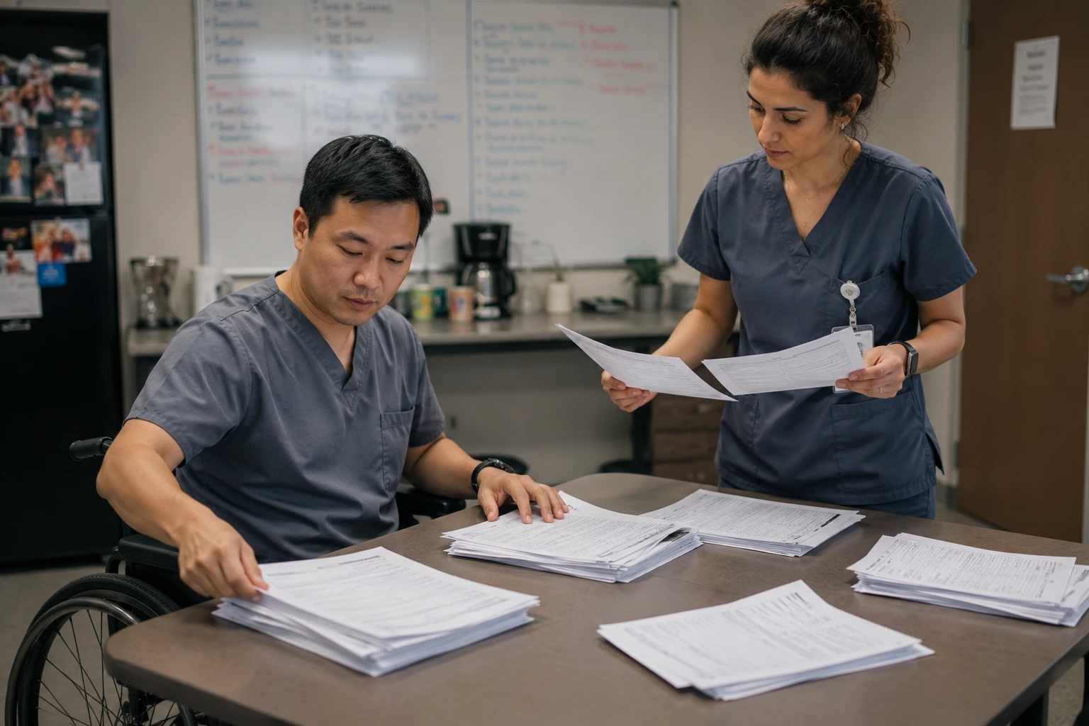 Veterinary team sorting printed clinic forms during a vet forms software implementation audit