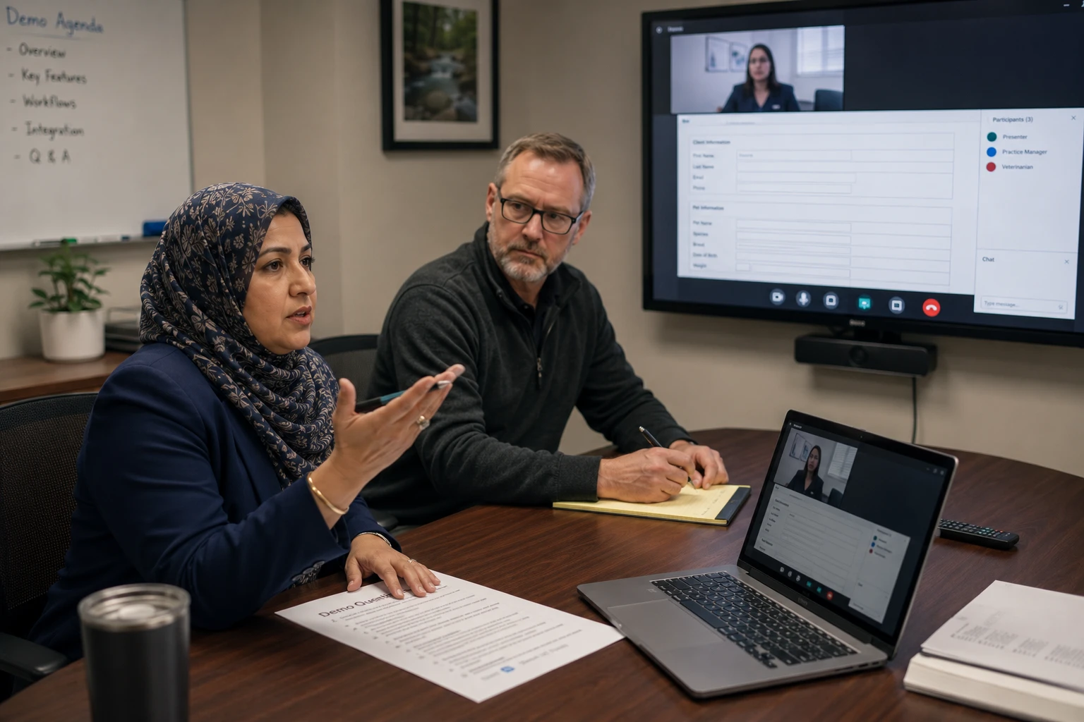 Veterinary team asking vendor questions during a digital forms software demo video call
