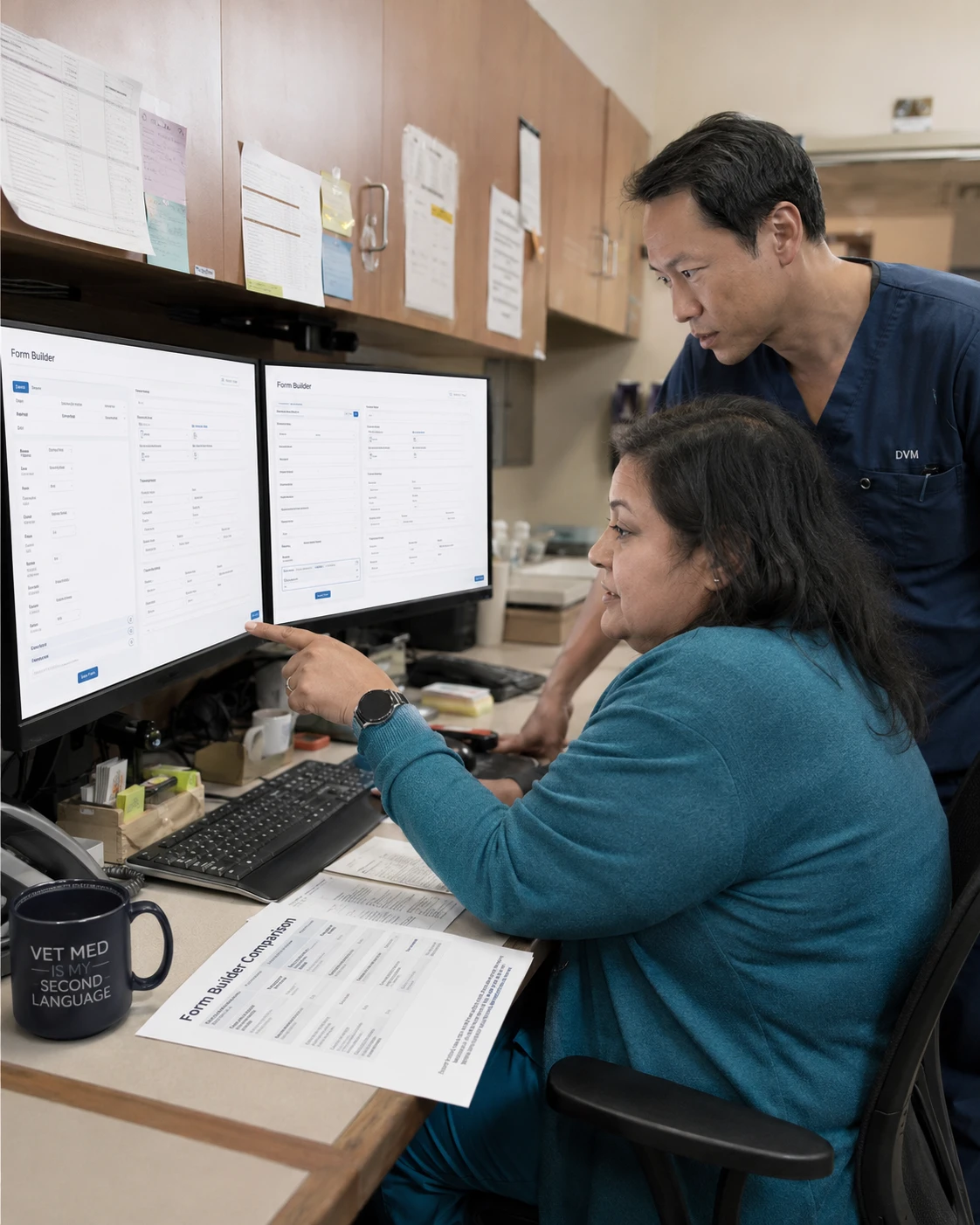 Practice manager and veterinarian comparing veterinary eforms software options on two monitors