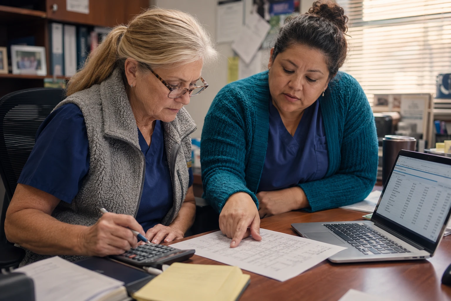 Practice owner and manager reviewing veterinary forms software pricing and ROI at a desk