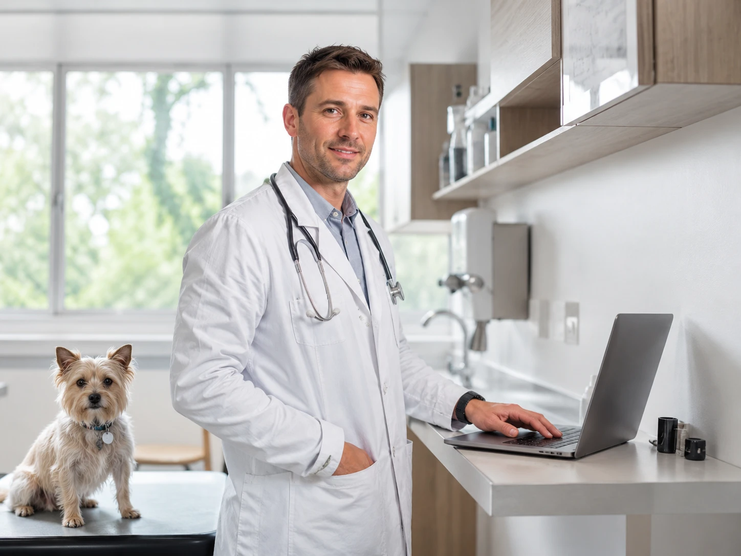 Veterinarian using cloud-native veterinary software on a laptop in a bright modern exam room