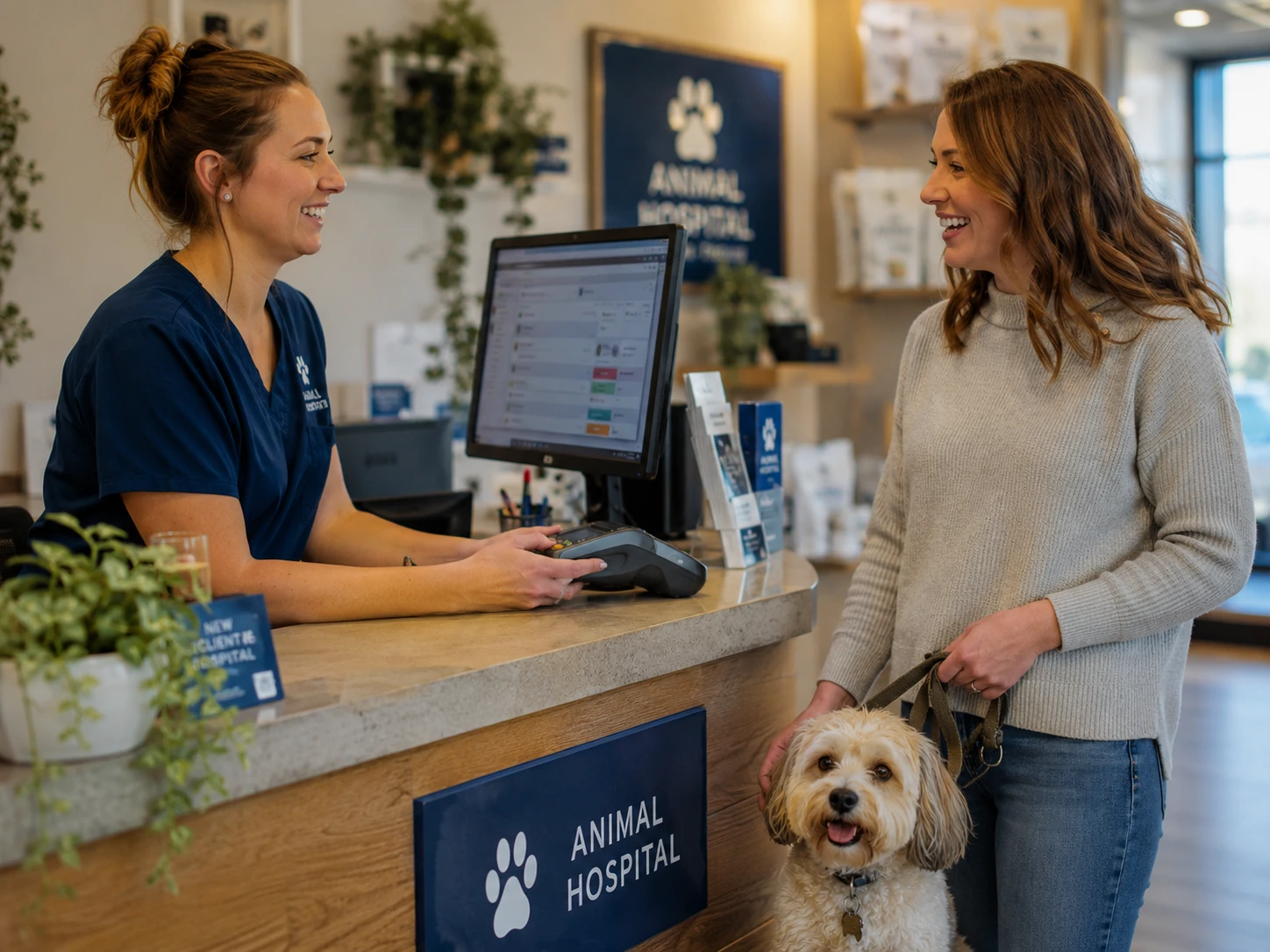 Pet owner paying at a veterinary clinic front desk, illustrating veterinary software pricing and payment processing