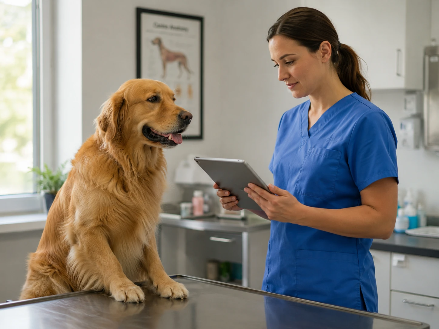 Veterinary technician reviewing a patient medical record on a tablet, showing what a veterinary PIMS does day to day
