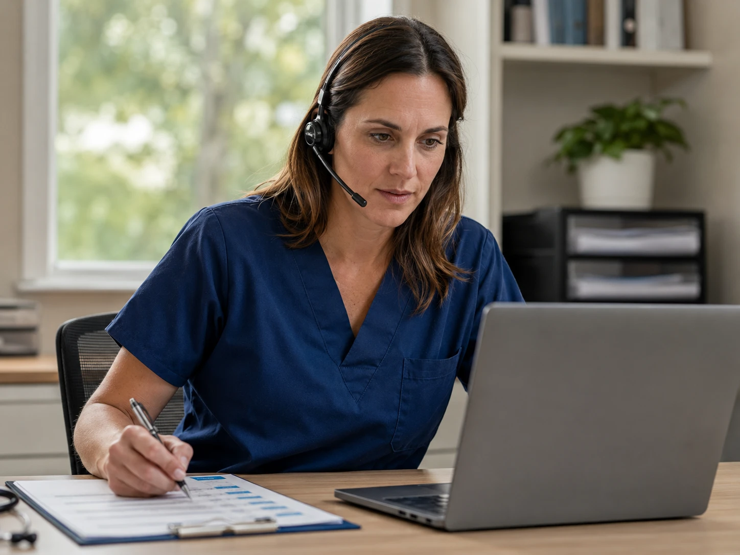 Veterinary practice manager on a video demo call while evaluating veterinary EMR software vendors