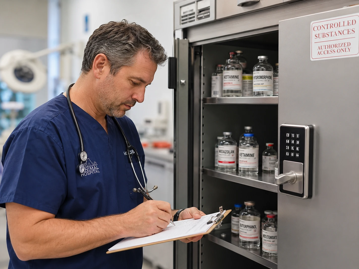 Veterinarian recording a controlled substance dispense in a logbook next to a locked controlled substance cabinet in a veterinary hospital