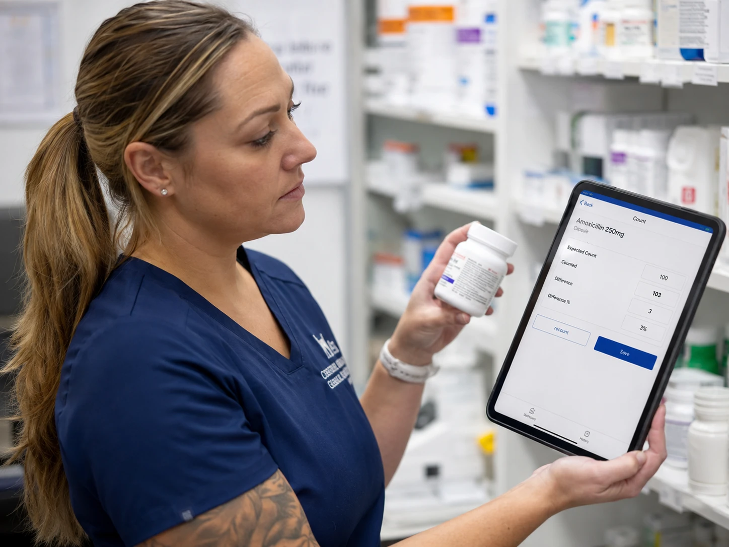 Veterinary technician using a tablet pill-counter app to perform a cycle count of medication inventory in a veterinary hospital