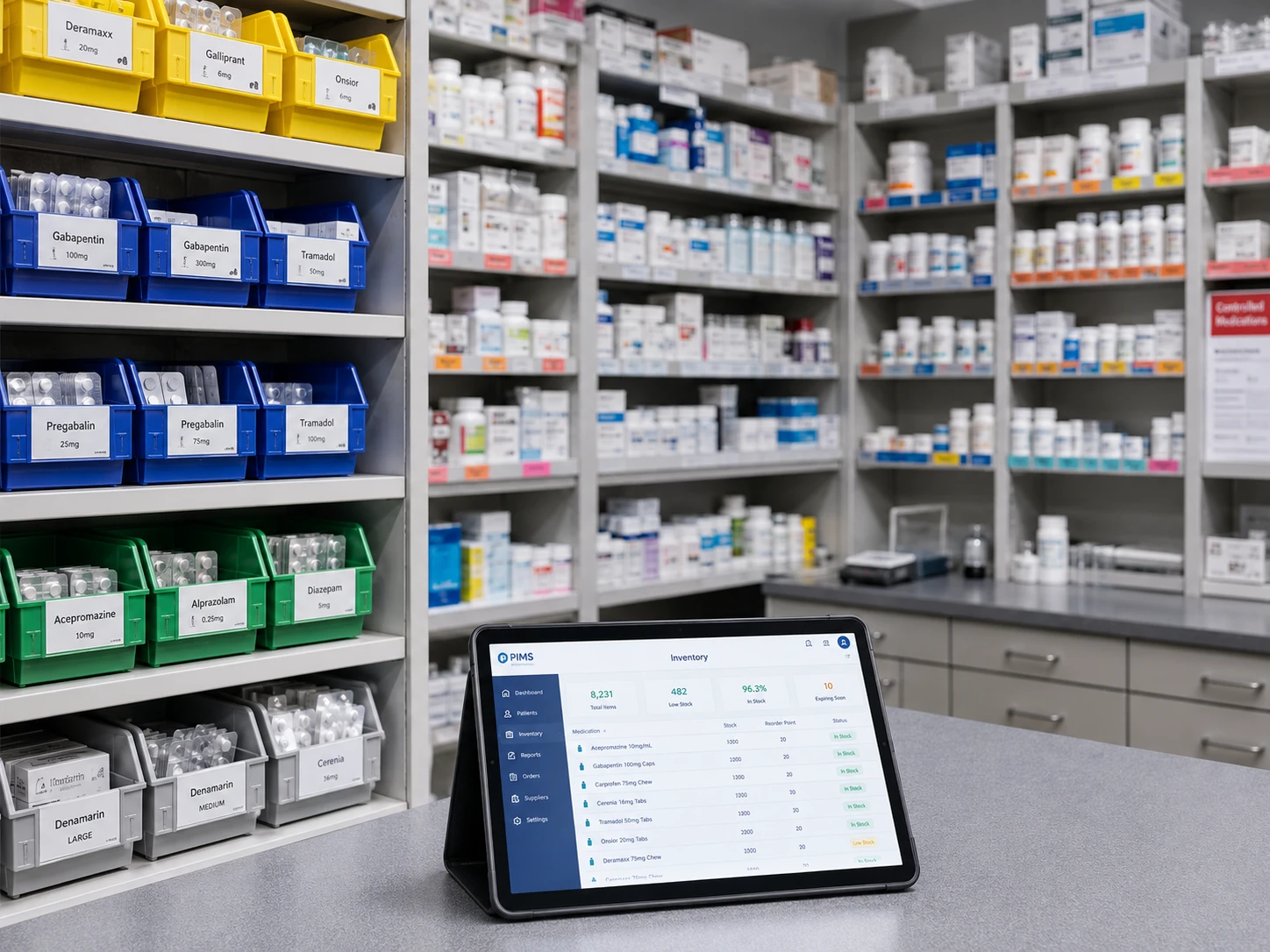 Organized veterinary hospital pharmacy shelves with labeled medication bins and color-coded inventory categories