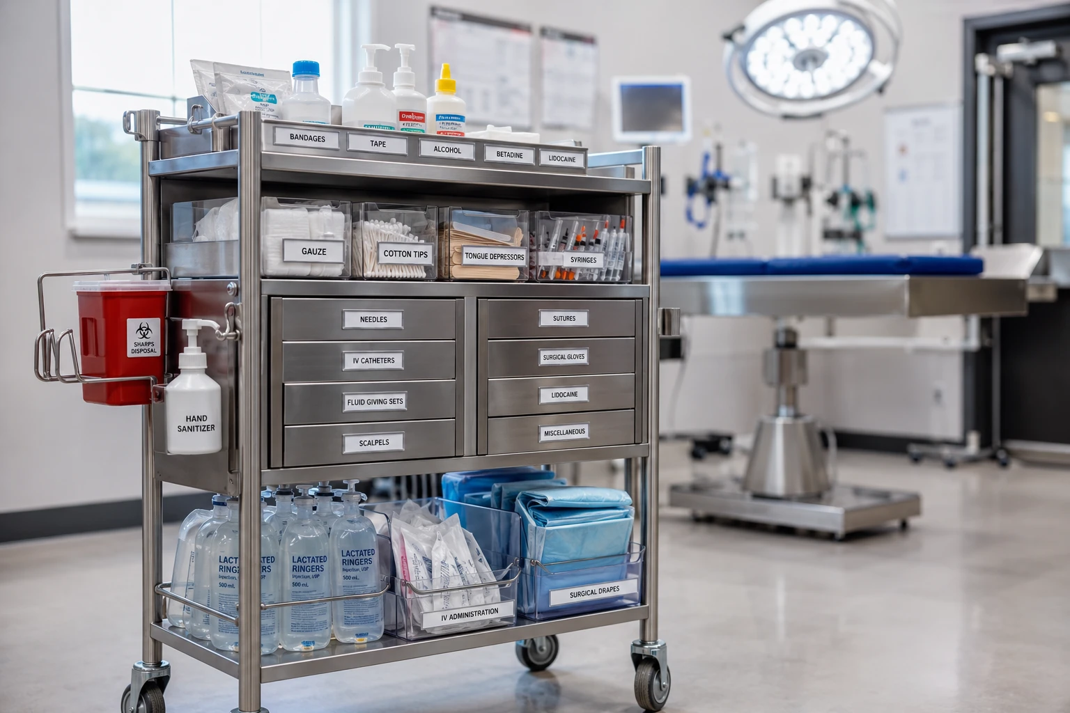 Organized supply cart in a veterinary hospital treatment area stocked with surgical supplies and consumables