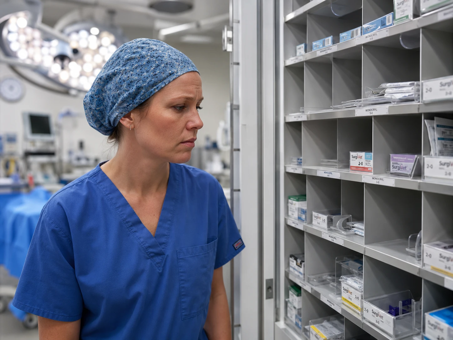 Surgical technician discovering an empty suture supply shelf in a veterinary hospital surgery suite
