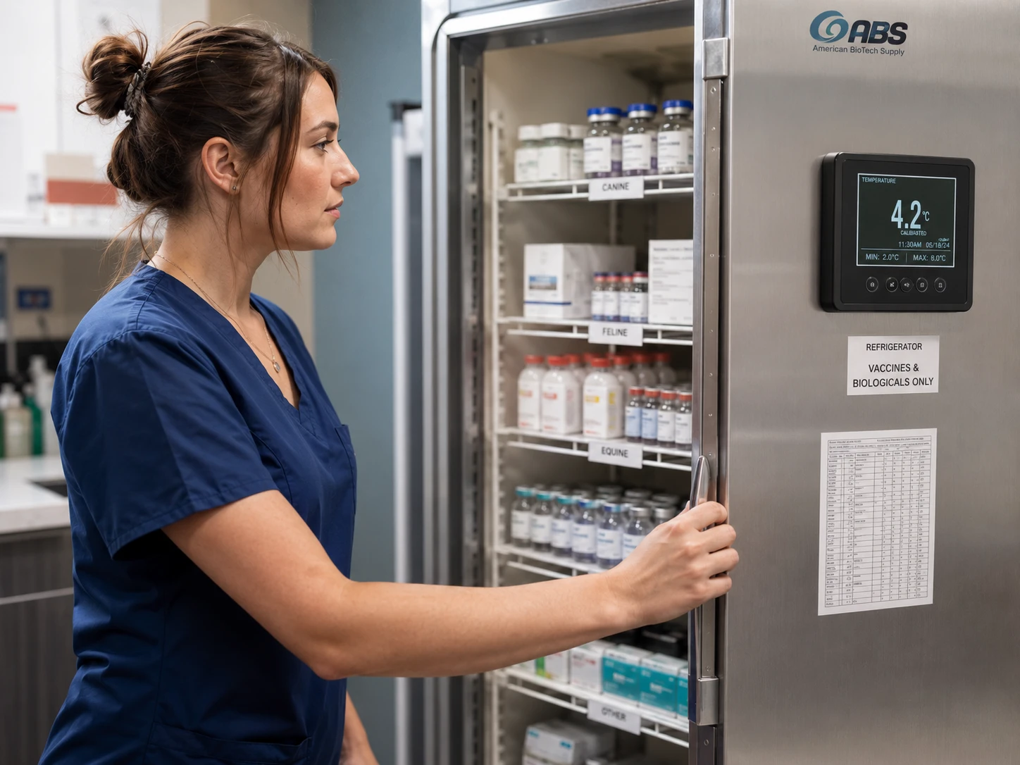 Open veterinary vaccine refrigerator showing organized vaccine inventory and a temperature monitoring display