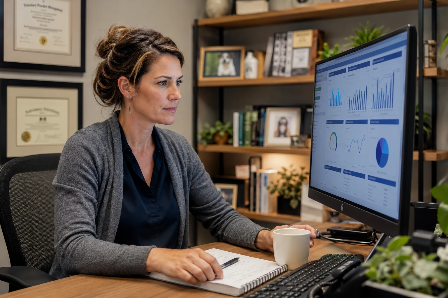 Veterinary practice manager reviewing a pharmacy revenue dashboard on a monitor in a back office