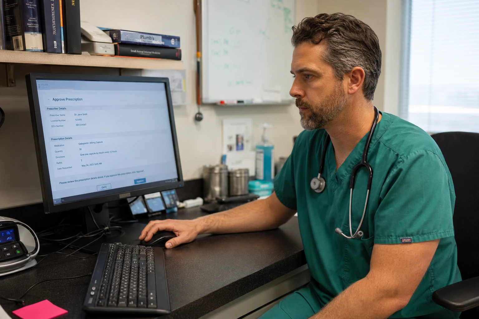 Veterinarian reviewing and approving an online pharmacy prescription on a desktop computer in a hospital treatment area