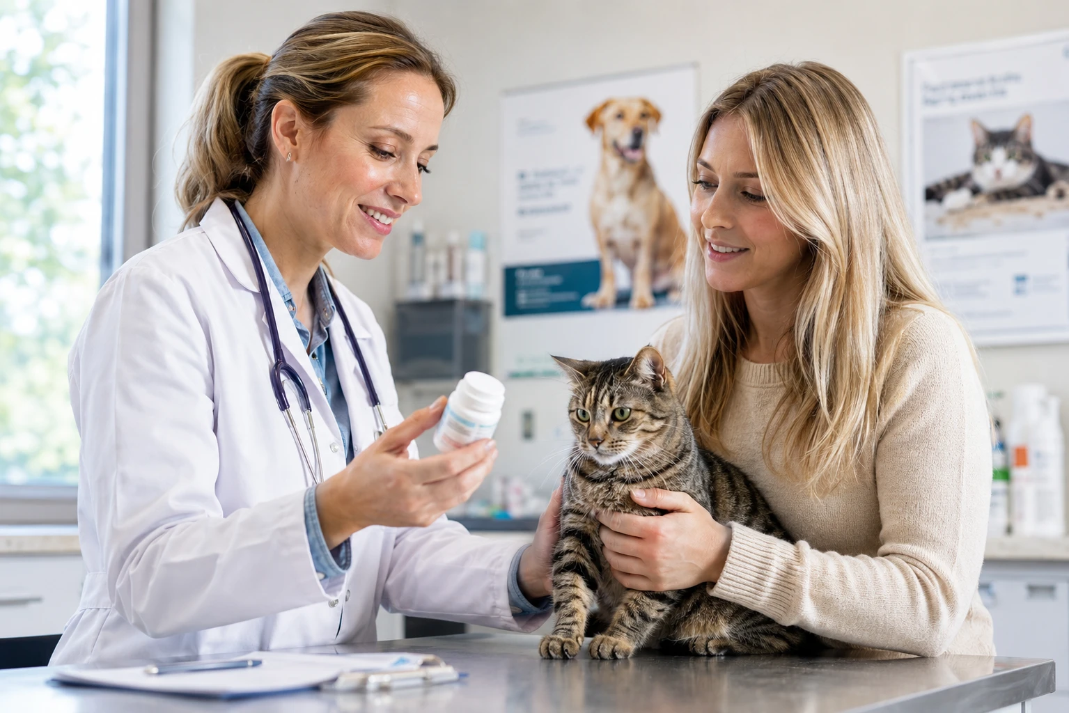 Veterinarian explaining a pet medication and refill plan to a client holding a cat in an exam room