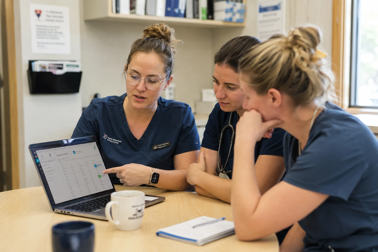Veterinary team gathered around a laptop during a staff training session on new pharmacy software