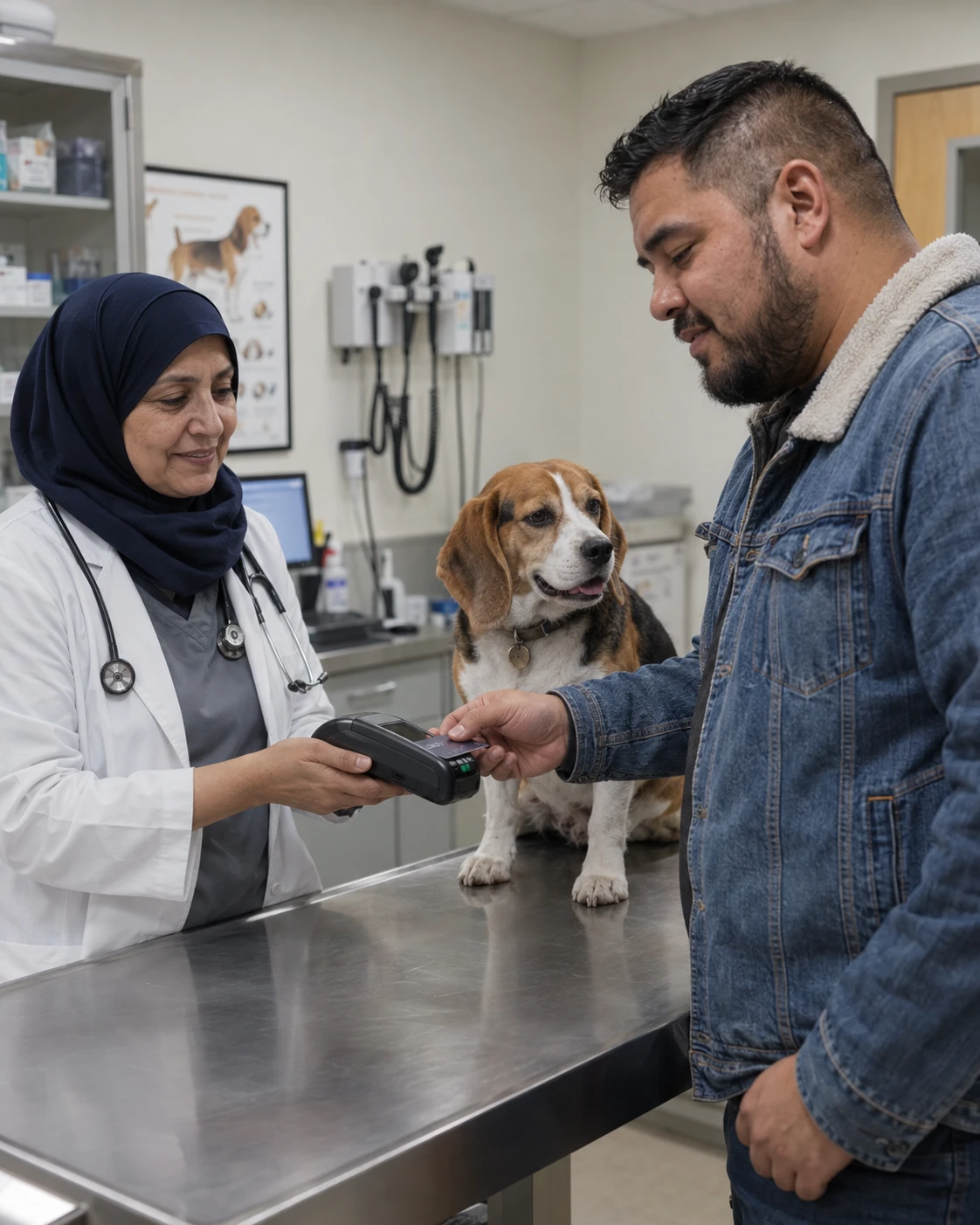Veterinarian completing an exam room checkout on a handheld payment device with a pet owner