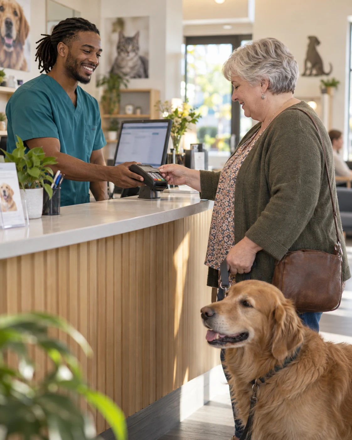 Client tapping a card on an integrated payment terminal at a veterinary front desk checkout