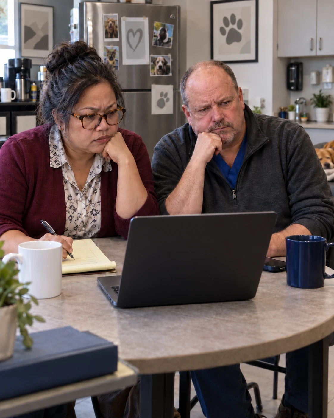 Practice owner and manager evaluating veterinary payment software during a vendor demo on a laptop