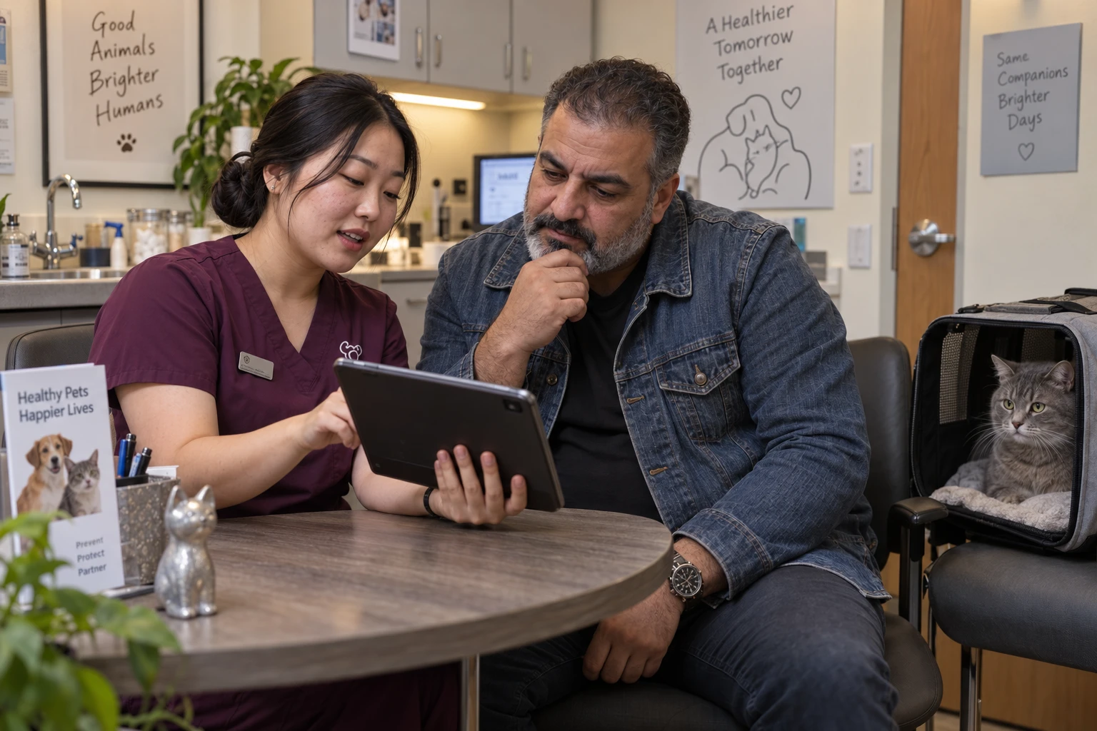 Veterinary technician enrolling a client in a wellness plan with recurring billing on a tablet