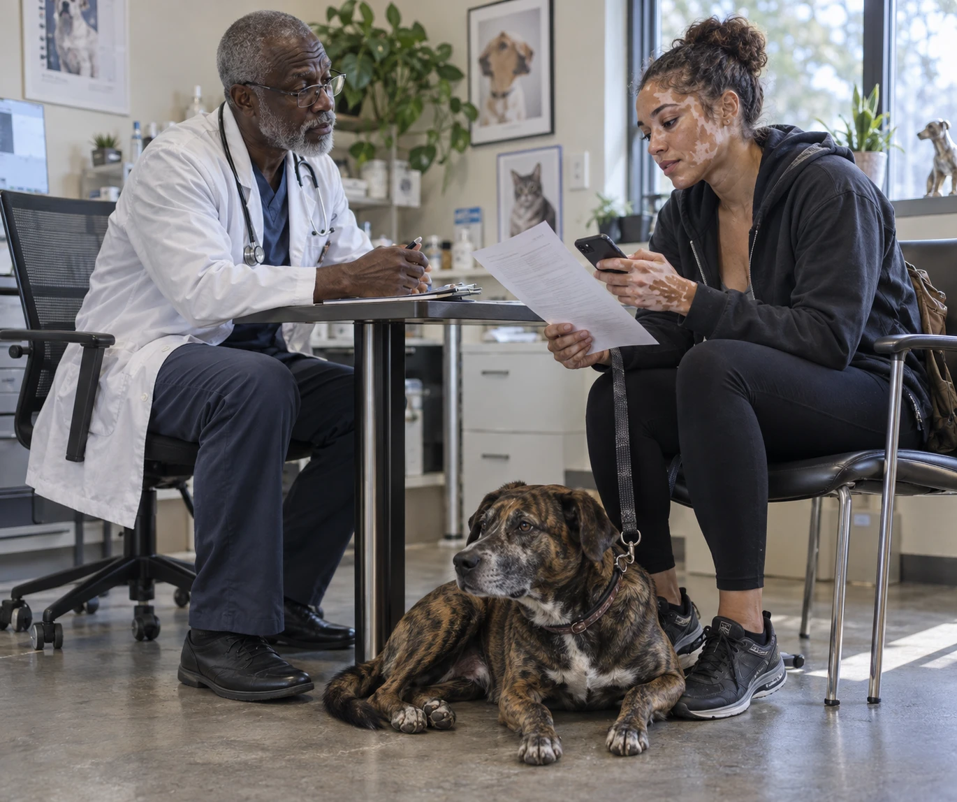 Veterinarian reviewing a surgery estimate and financing options with a pet owner in a consult room