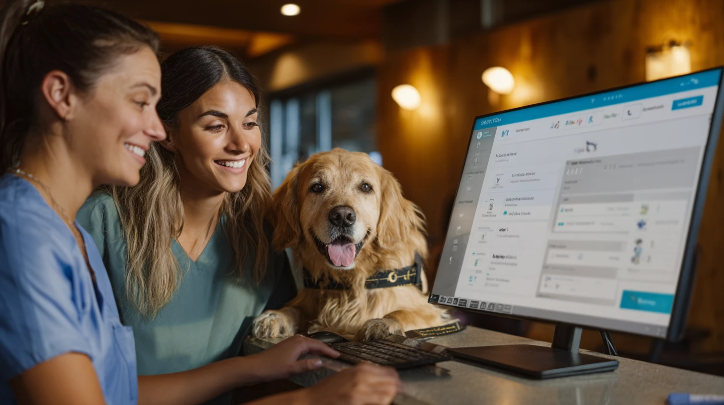 Front desk team using an all in one veterinary practice management software portal at a single workstation