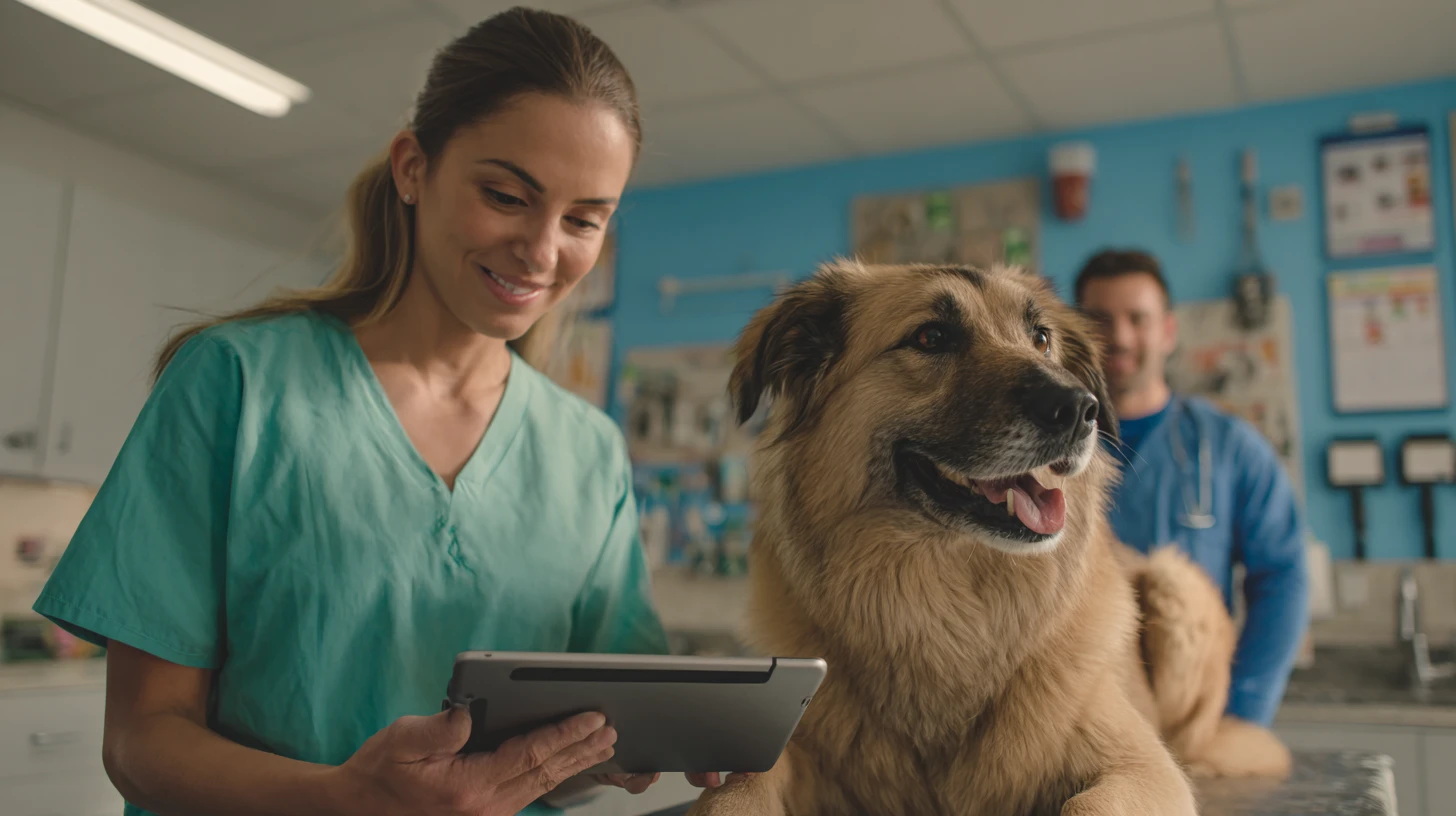 Veterinarian using a tablet with veterinary practice management software during a pet exam in the exam room