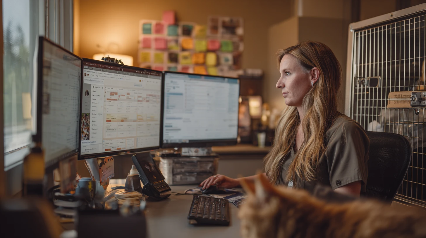 Veterinary practice manager comparing multiple software tools in a multi vendor tech stack on several monitors