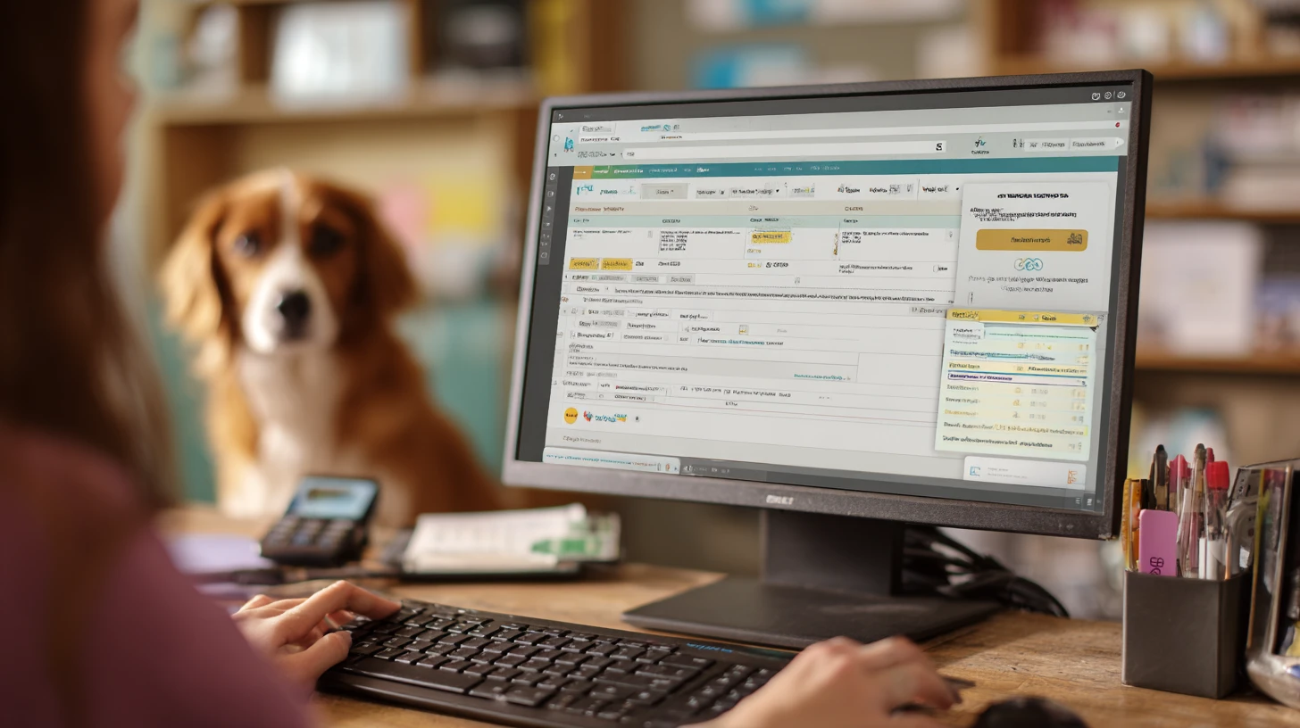 Close up of a veterinary team member switching between reminder and payment modules within their software stack