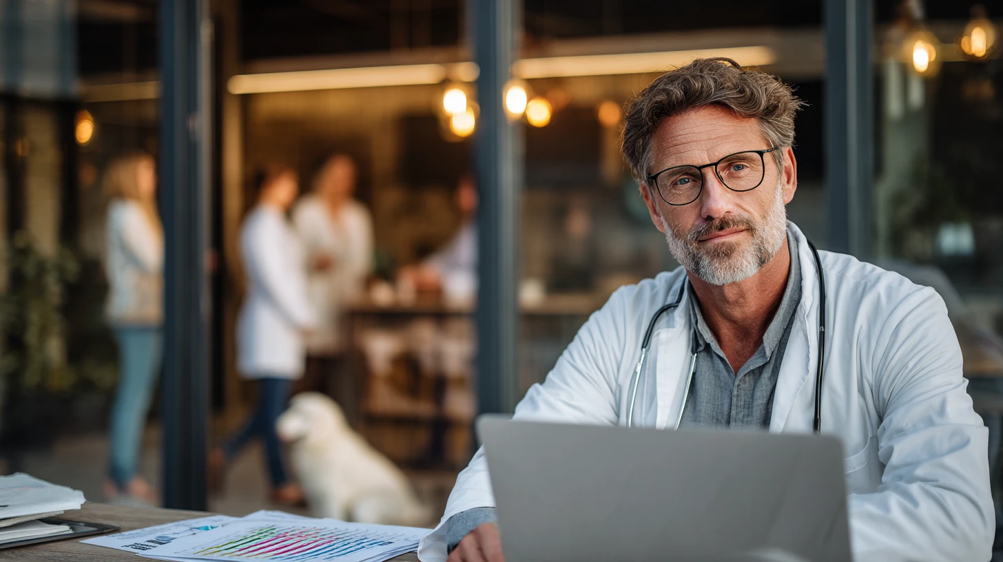 Veterinary practice owner evaluating risk and resilience of different practice management software options in an office