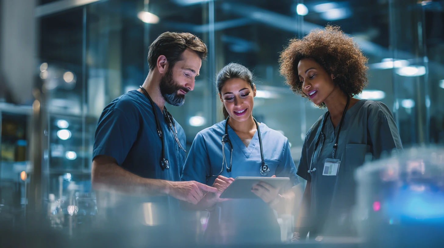 Veterinary team huddled around a tablet reviewing practice management software workflows