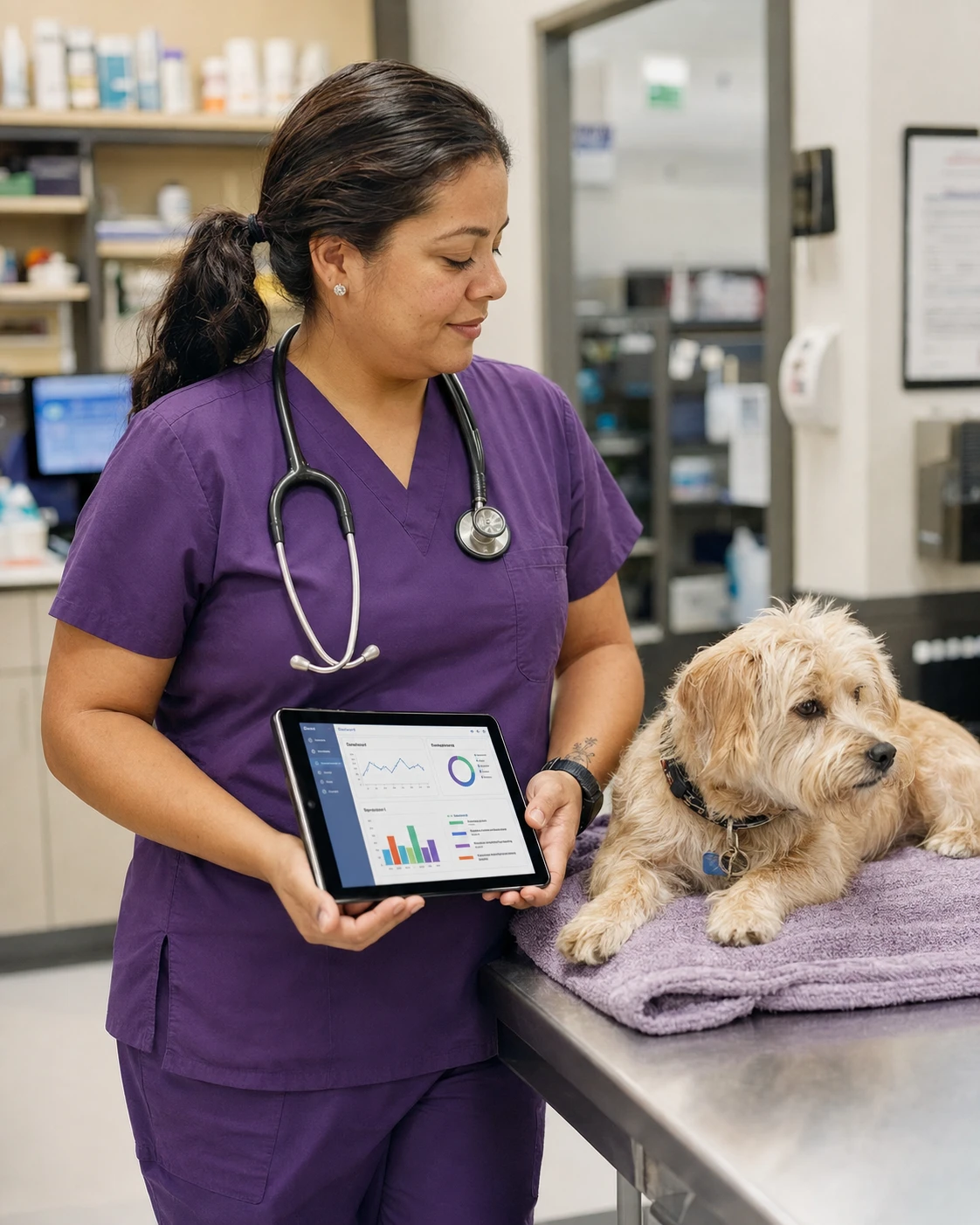Veterinary assistant checking review request metrics on a tablet in the treatment area