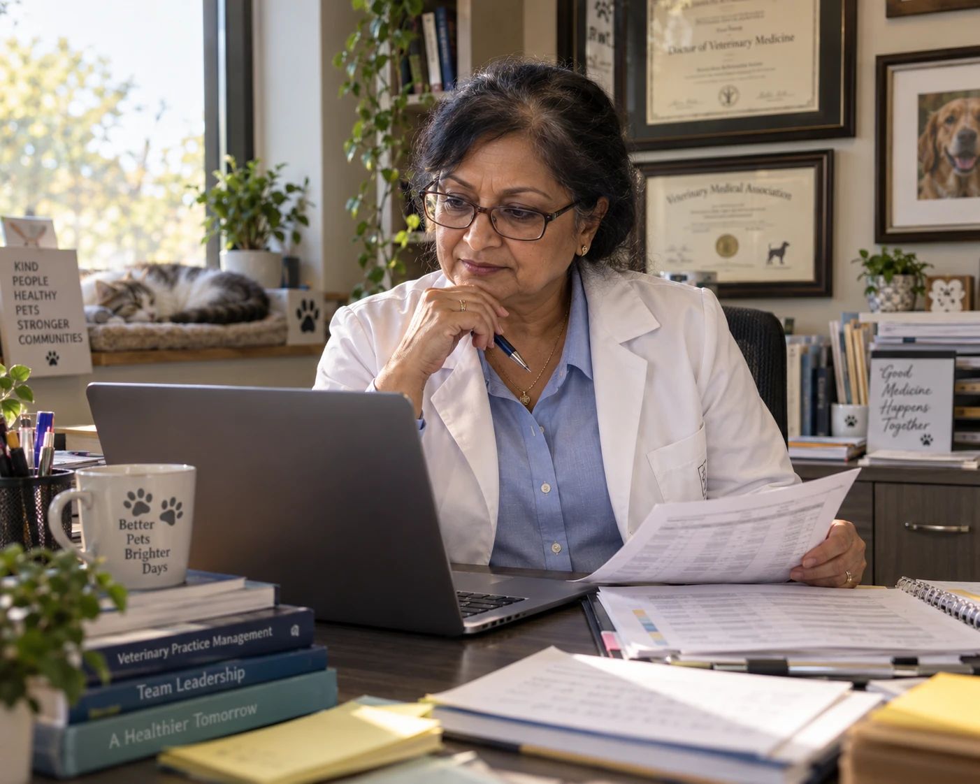 Veterinary practice owner comparing reputation management software options on a laptop in her office