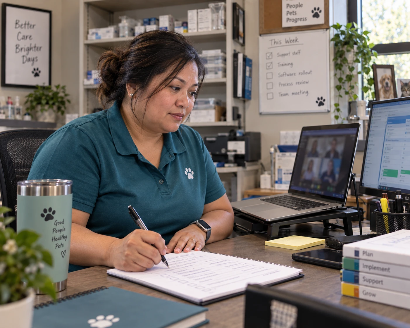 Veterinary practice manager taking notes during a software vendor demo video call