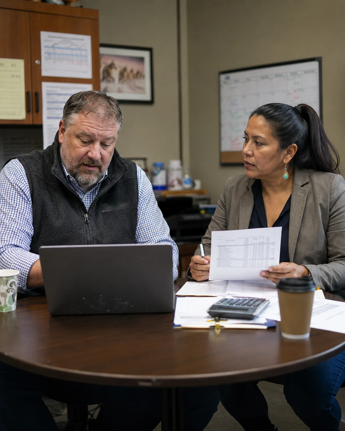 Veterinary practice owner and hospital administrator reviewing software pricing on a laptop