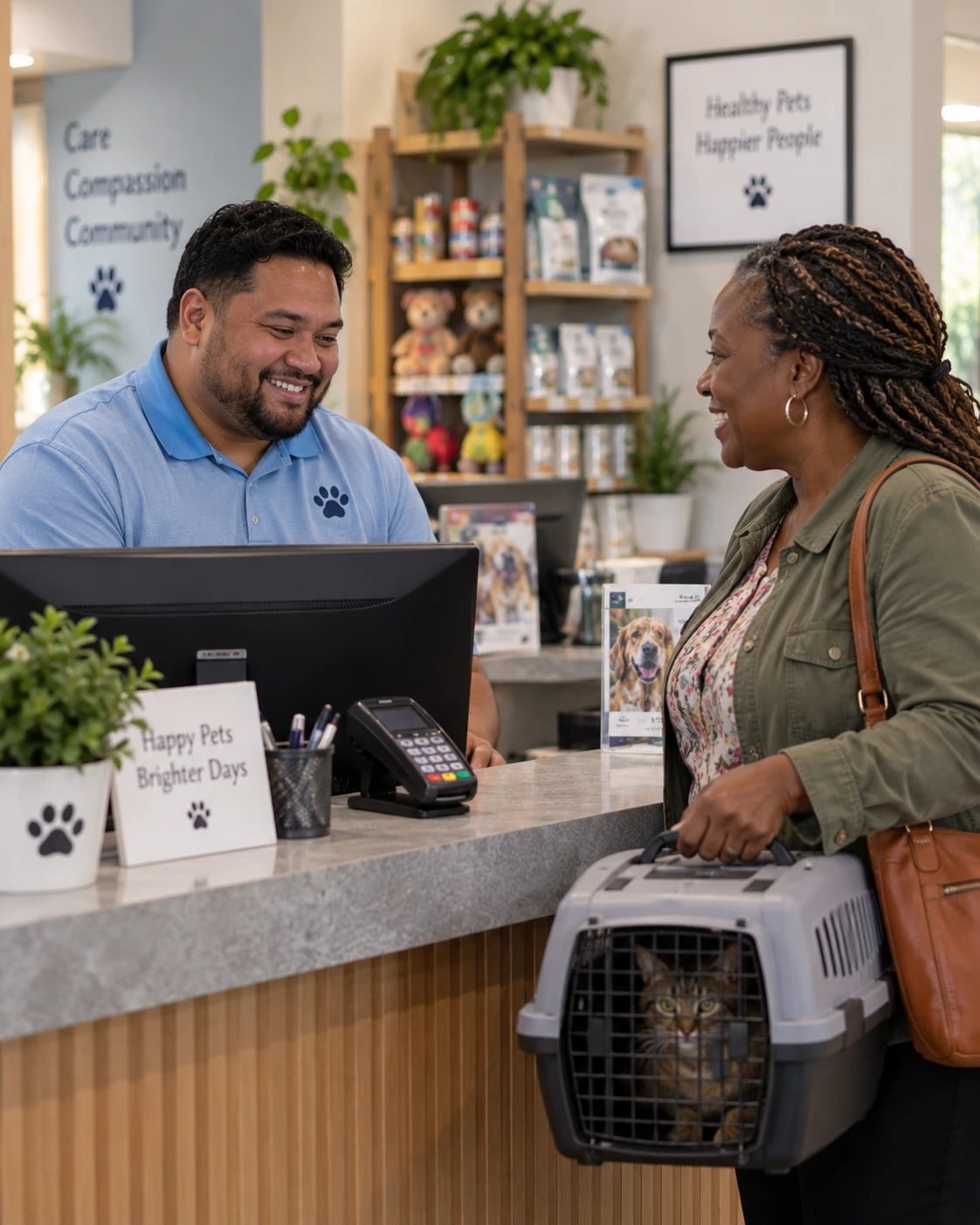 Veterinary receptionist checking out a client and her cat at the front desk after an appointment