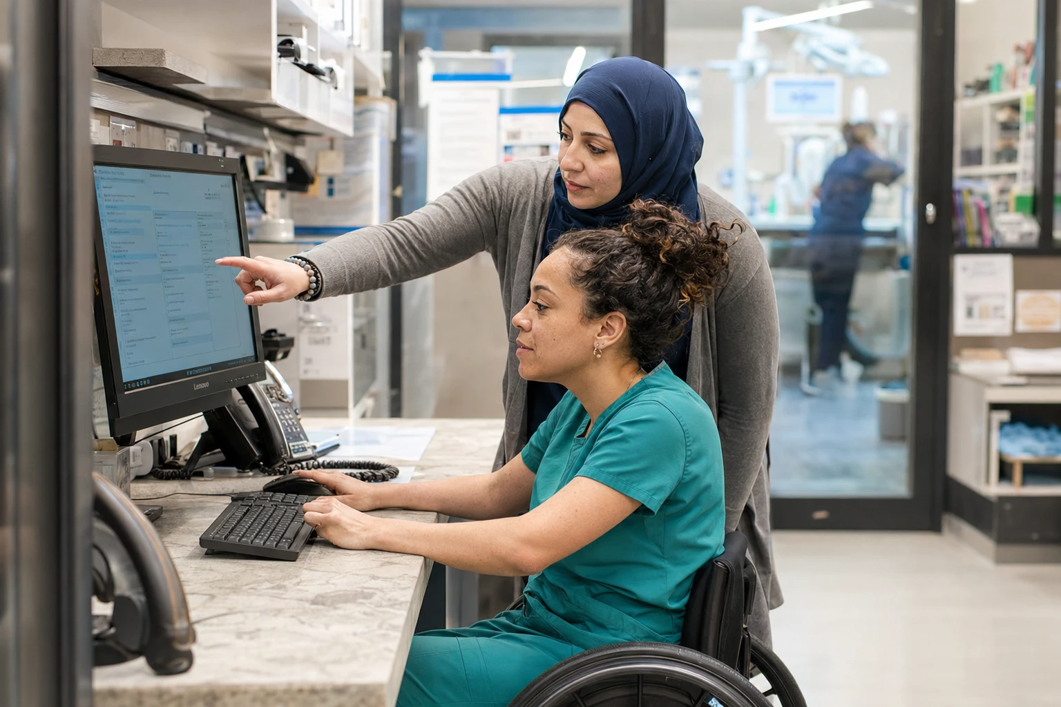 Two veterinary team members configuring review request settings at a hospital workstation