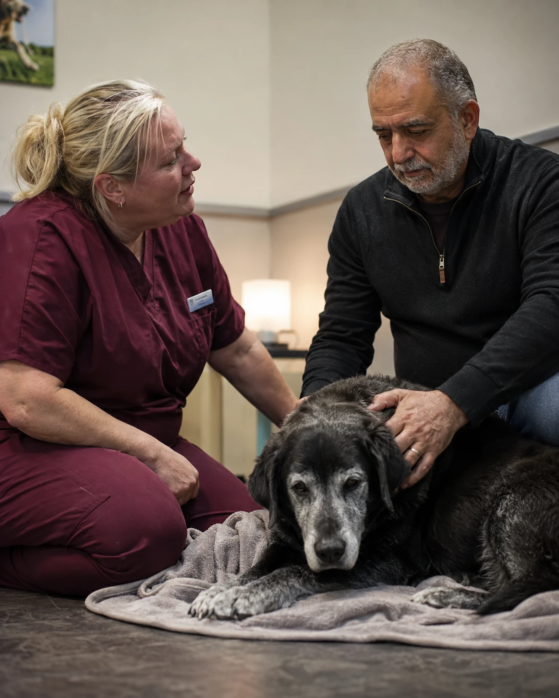 Veterinary technician comforting a client with a senior dog during a quiet appointment