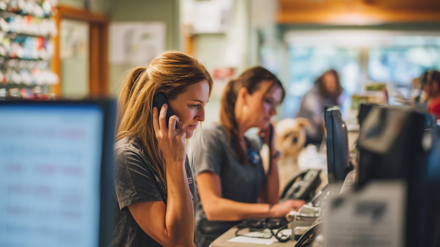 Busy veterinary front desk with phones ringing and a packed schedule, showing real world pressure.