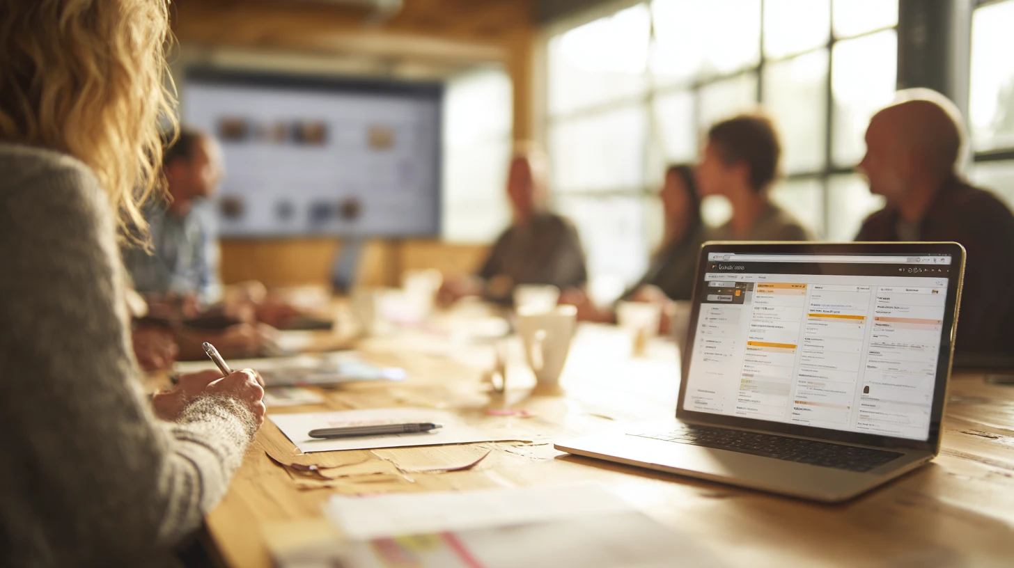 Veterinary team watching a live scheduling demo while a practice manager scores vendors on a checklist