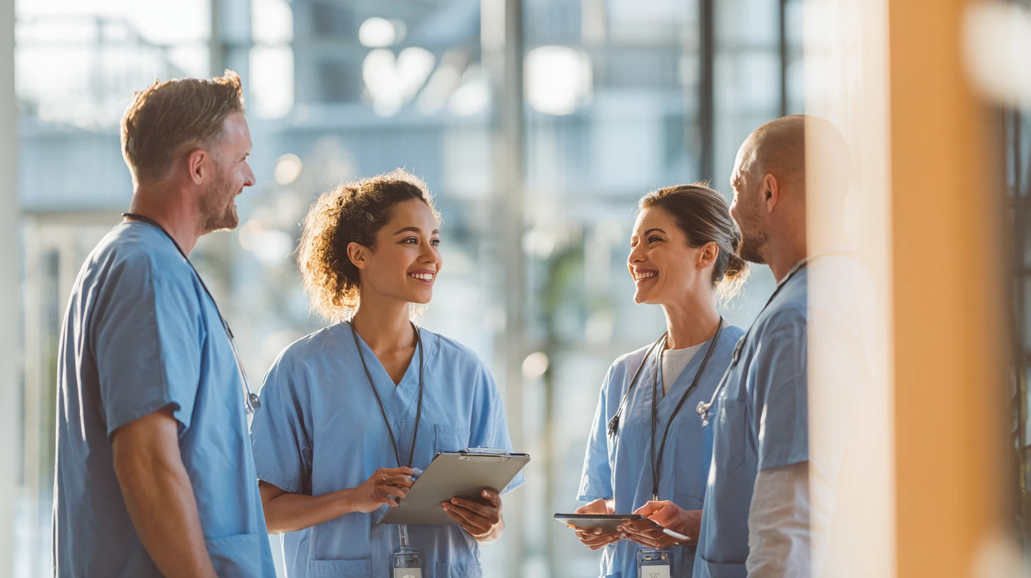Veterinary team huddle discussing vet scheduling software rollout
